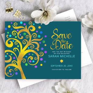Cartão Postal De Convite Bat Mitzvah salva a Dourada árvore da vida