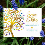 Cartão Postal De Convite Bat Mitzvah salva a Dourada data e a árvore lacrim<br><div class="desc">Certifique-se de que todos os seus amigos e parentes serão capazes de celebrar o marco da sua filha Bat Mitzvah! Envie esta estonteante e esfarrapada folha de ouro gráfica com turquesa cintilante, teal, roxo e azul Estrela de David e "folhas" de ponto sobre fundo branco, personalizado cartão postal de anúncio...</div>