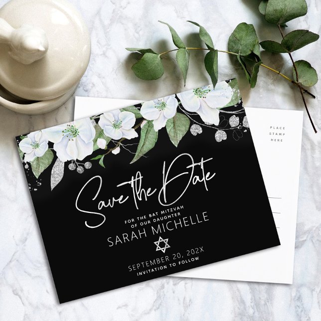 Cartão Postal De Convite Bat Mitzvah Salvar Data Floral Black Silver Script (Criador carregado)