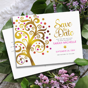 Cartão Postal De Convite Bat Mitzvah salvará a data Dourada e a árvore rosa