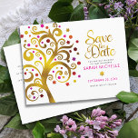 Cartão Postal De Convite Bat Mitzvah salvará a data Dourada e a árvore rosa<br><div class="desc">Certifique-se de que todos os seus amigos e parentes serão capazes de celebrar o marco da sua filha Bat Mitzvah! Envie esta estonteante e esfarrapada folha de ouro com cor-de-rosa cinza, laranja e Estrela vermelha de David e "folhas" de ponto em um fundo branco, personalizado cartão postal de anúncio "Salvar...</div>