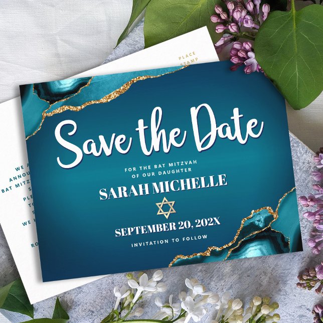 Cartão Postal De Convite Bat Mitzvah Salve a Data Teal Ombre Ágata Script (Criador carregado)
