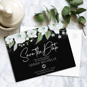 Cartão Postal De Convite Bat Mitzvah Salve Data Floral Preto Prata Script