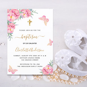 Cartão Postal De Convite Batismo borboleta cor-de-rosa