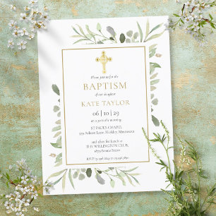 Cartão Postal De Convite Batismo Christening Dourado Cross Greeneration Con