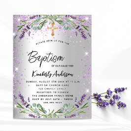 Cartão Postal De Convite Batismo lavanda violeta prateada brilha elegante