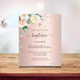Cartão Postal De Convite Batismo rosa floral, dourada, elegante
