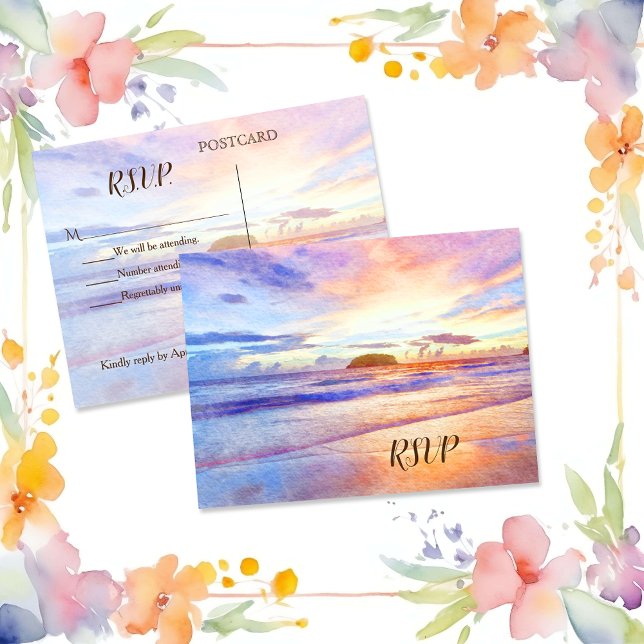 Cartão Postal De Convite Beach Watercolor Sunrise RSVP (Criador carregado)