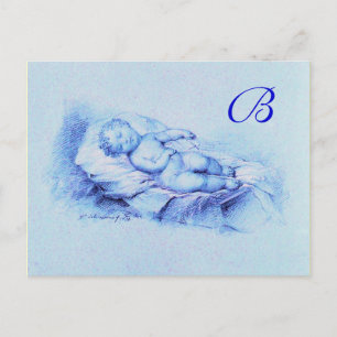 CARTÃO POSTAL DE CONVITE BEBÊ ADORMECIDO, CHÁ DE BEBÊ AZUL MONOGRAMA