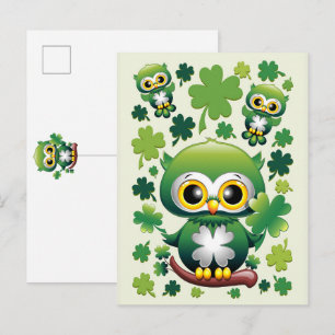 Cartão Postal De Convite Bebê Coruja Fofo St Patrick Desenho Animado