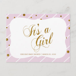 Cartão Postal De Convite Bebê rosa doce e Dourado Confetti - RSVP 2