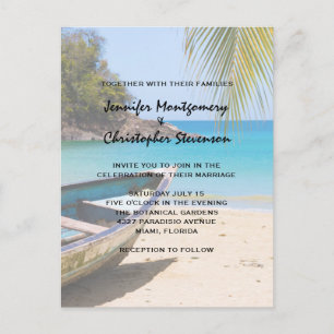 Cartão Postal De Convite Bela praia tropical com um casamento de Rowboat