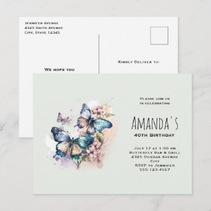 Cartão Postal De Convite Belo Aniversário de Borboletas e Flores
