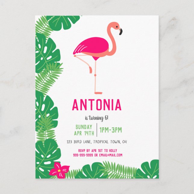 Cartão Postal De Convite Belo Aniversário do Flamingo Rosa Tropical (Frente)