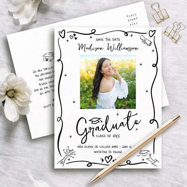 Cartão Postal De Convite Black Doodles Graduation Save the Date Photo White (Criador carregado)
