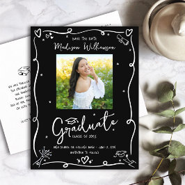 Cartão Postal De Convite Black White Doodles Save the Date Graduation Photo
