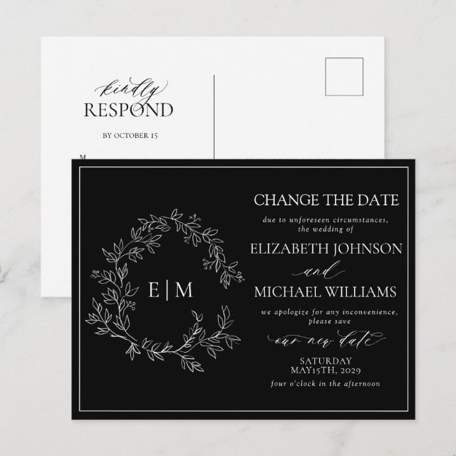 Cartão Postal De Convite Black White Leafy Crest Monogramas Alterar A Data (Frente/Verso)