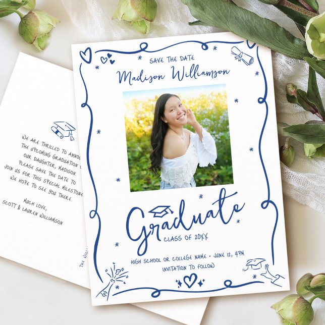 Cartão Postal De Convite Blue Doodles Graduation Save the Date Photo White (Criador carregado)