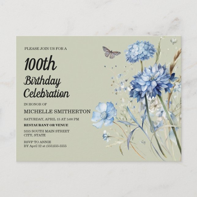 Cartão Postal De Convite Blue Floral Sage Green Women's 100th Birthday (Frente)