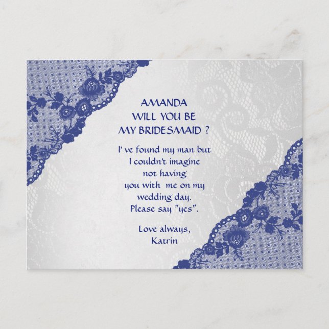 Cartão Postal De Convite Blue Marine Lace Silver, Você Será Minha Porta-Voz (Frente)