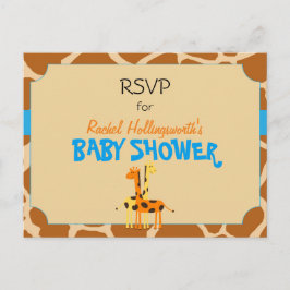 Cartão Postal De Convite Blue & Orange Giraffe Safari Animal RSVP