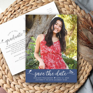 Cartão Postal De Convite Blue Save the Date Graduation Photo Script Hearts