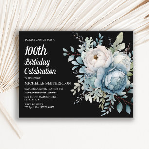 Cartão Postal De Convite Blue White Floral Black Women's 100th Birthday