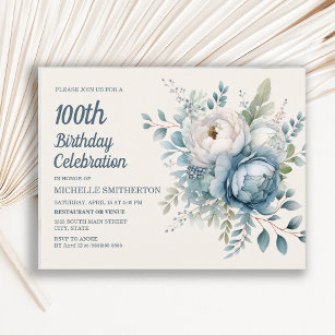 Cartão Postal De Convite Blue White Vintage Floral Women's 100th Birthday
