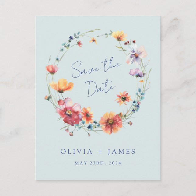 Cartão Postal De Convite Blue Wildflower Wedding Salvar Data (Frente)