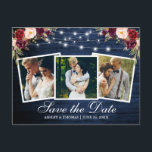 Cartão Postal De Convite Blue Wood Burgundy Floral 3 Foto Salvar Data<br><div class="desc">Lâmpada de Madeira e Cordas Azuis 3 Fotografia Salvar O Cartão de Anúncio do Noivado de Data inclui Borgonha de Cores Aquáticas e Floral de Blush Rosa</div>