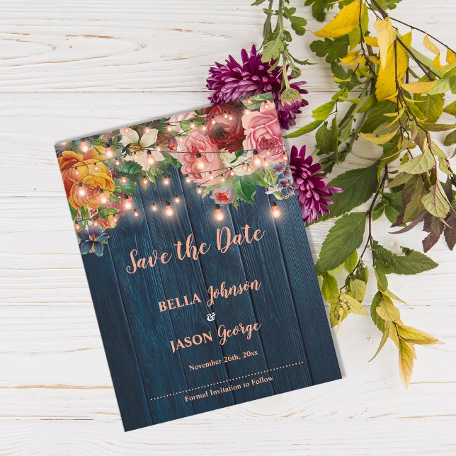 Cartão Postal De Convite Blue Wood Floral String Lights Save The Date (Blue Wood Floral String Lights Save The Date Invitation Postcard)