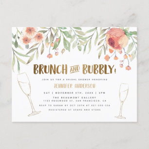 Cartão Postal De Convite Blush Floral e Dourado Chá de panela Brunch e Bubb