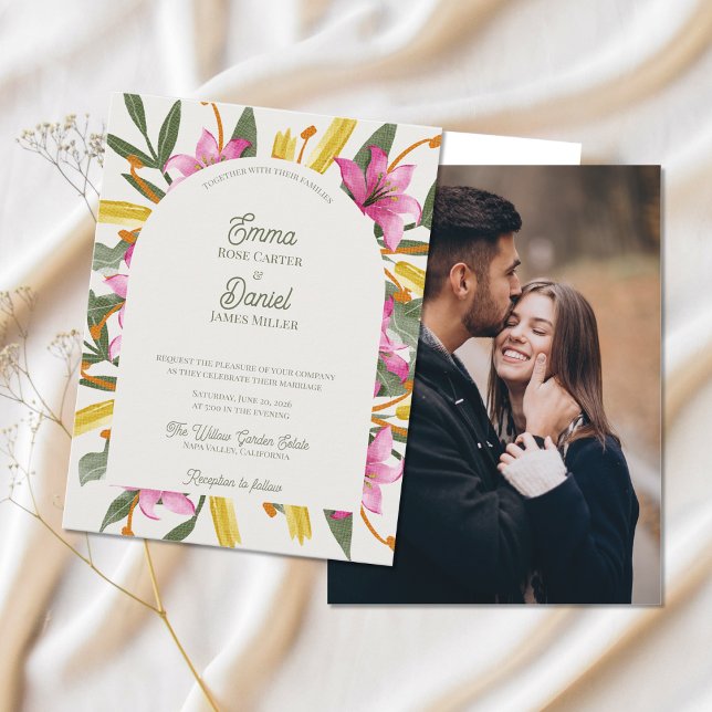 Cartão Postal De Convite Blush Lily Arched Botanical Photo Wedding (Blush Lily Arched Botanical Photo Wedding Invitation Postcard | Romantic Floral Garden Invite)
