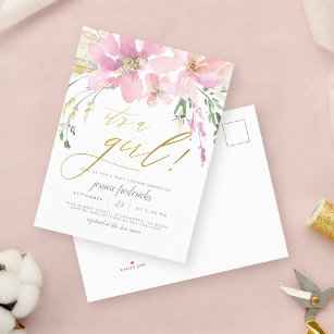 Cartão Postal De Convite Blush Pink & Gold It's A Girl Floral Baby Shower