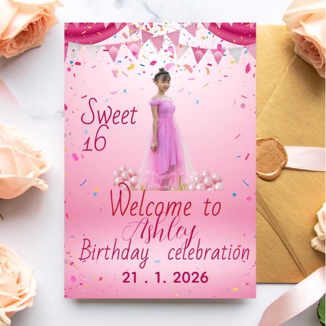 Cartão Postal De Convite Blush Pink Sweet Sixteen Welcome Sign, Photo  (Criador carregado)