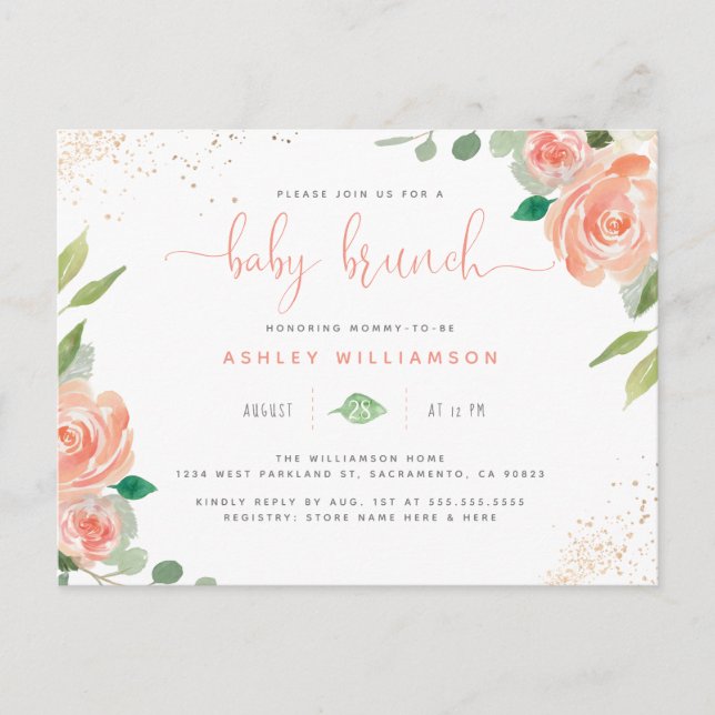 Cartão Postal De Convite Blush Watercolor Peonies & Eucalyptus Baby Brunch (Frente)