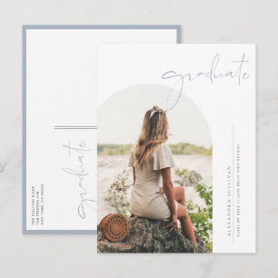 Cartão Postal De Convite Boho Azul Desbotado Minimalista Arco Foto Graduaçã