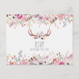 Cartão Postal De Convite Boho Chic Flores Chifres de Veado Casamento Rústic