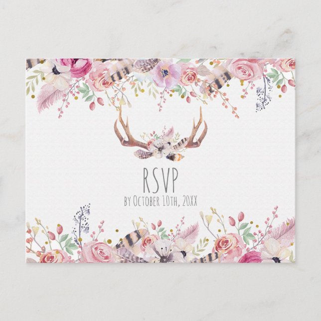 Cartão Postal De Convite Boho Chic Flowers Deer Antlers Rustic Wedding RSVP (Frente)