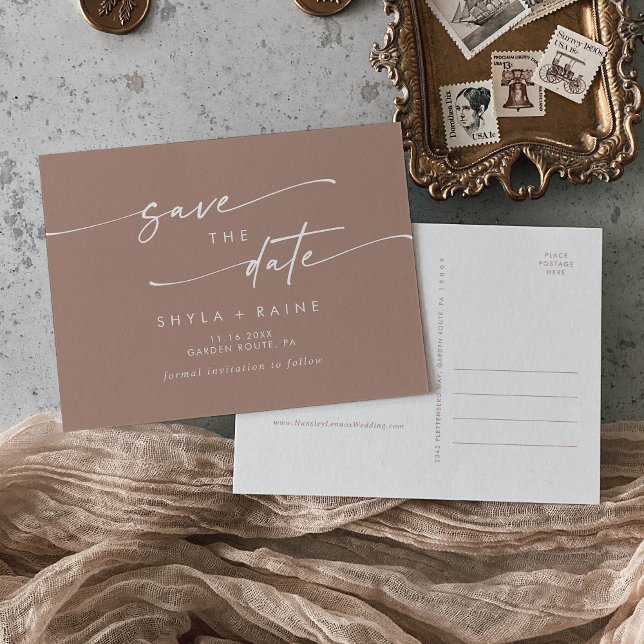 Cartão Postal De Convite Boho Chic Neutral Taupe Casamento Salve a Data (Criador carregado)