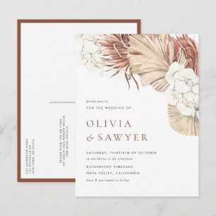 Cartão Postal De Convite Boho Folhas de Palma Secas e Orquídeas Casamento d