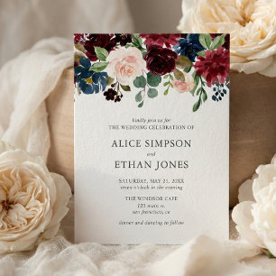 Cartão Postal De Convite Boho Marinho Azul Borgonha Floral Casamento