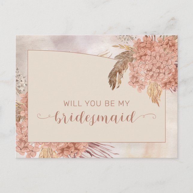 Cartão Postal De Convite Boho Pampas Grass |Hydrangea Bridesmaid Request (Frente)