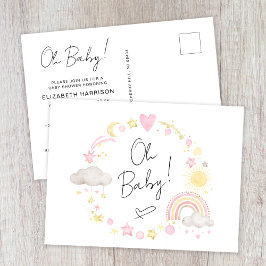 Cartão Postal De Convite Boho Rainbow Watercolor Baby Girl Chá