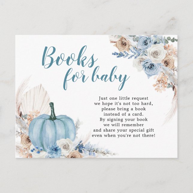 Cartão Postal De Convite Boho Rustic Blue Pumpkin Fall Books Para Bebê (Frente)