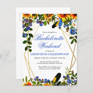 Cartão Postal De Convite Boho Sunflower Blue Bachelorette Weekend Itinerári