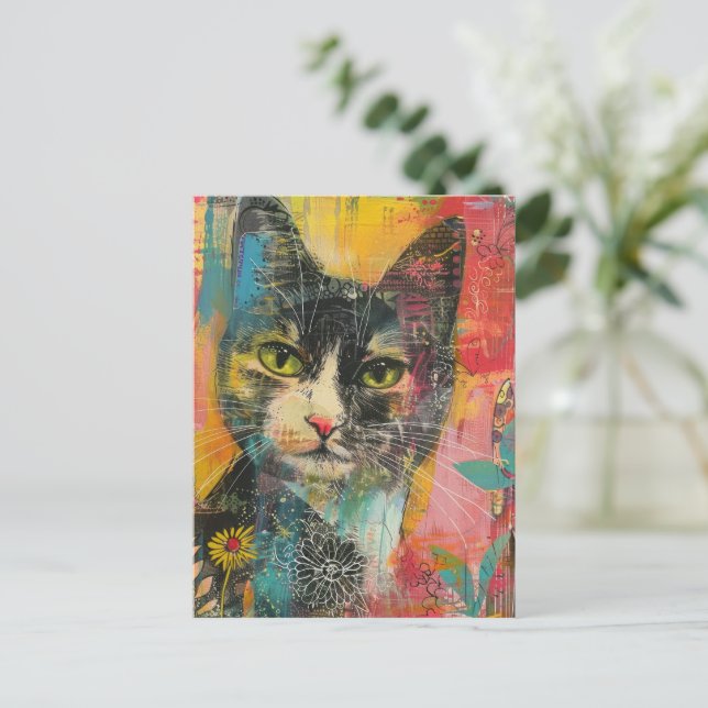 Cartão Postal De Convite Boho Watercolor Cats - Terna Feline Art (6) (Em pé/Frente)