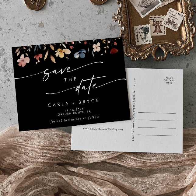 Cartão Postal De Convite Boho Wildflower Wedding Save the Date Postcard (Criador carregado)