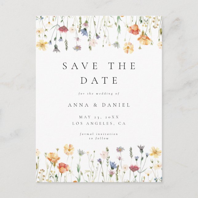 Cartão Postal De Convite Boho Wildflower Wedding Save the Date Postcard (Frente)