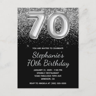 Cartão Postal De Convite Bola Preta Brilhante com Brilho de Prata para 70º